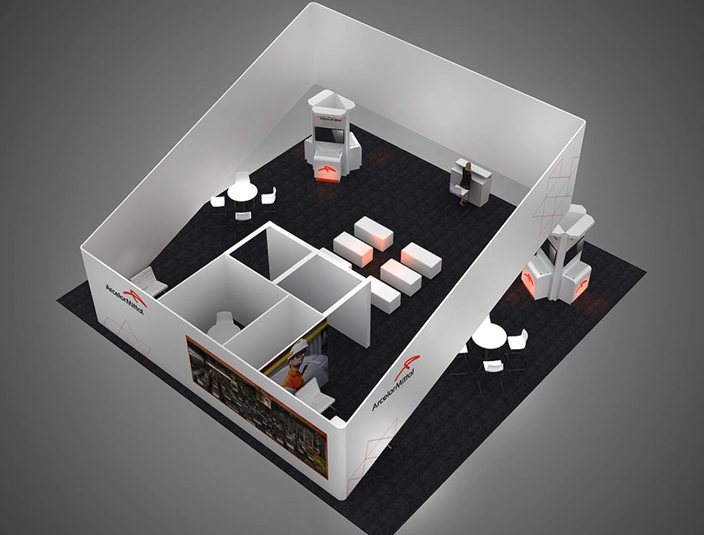 40x40 booth with dual demo counters and seating